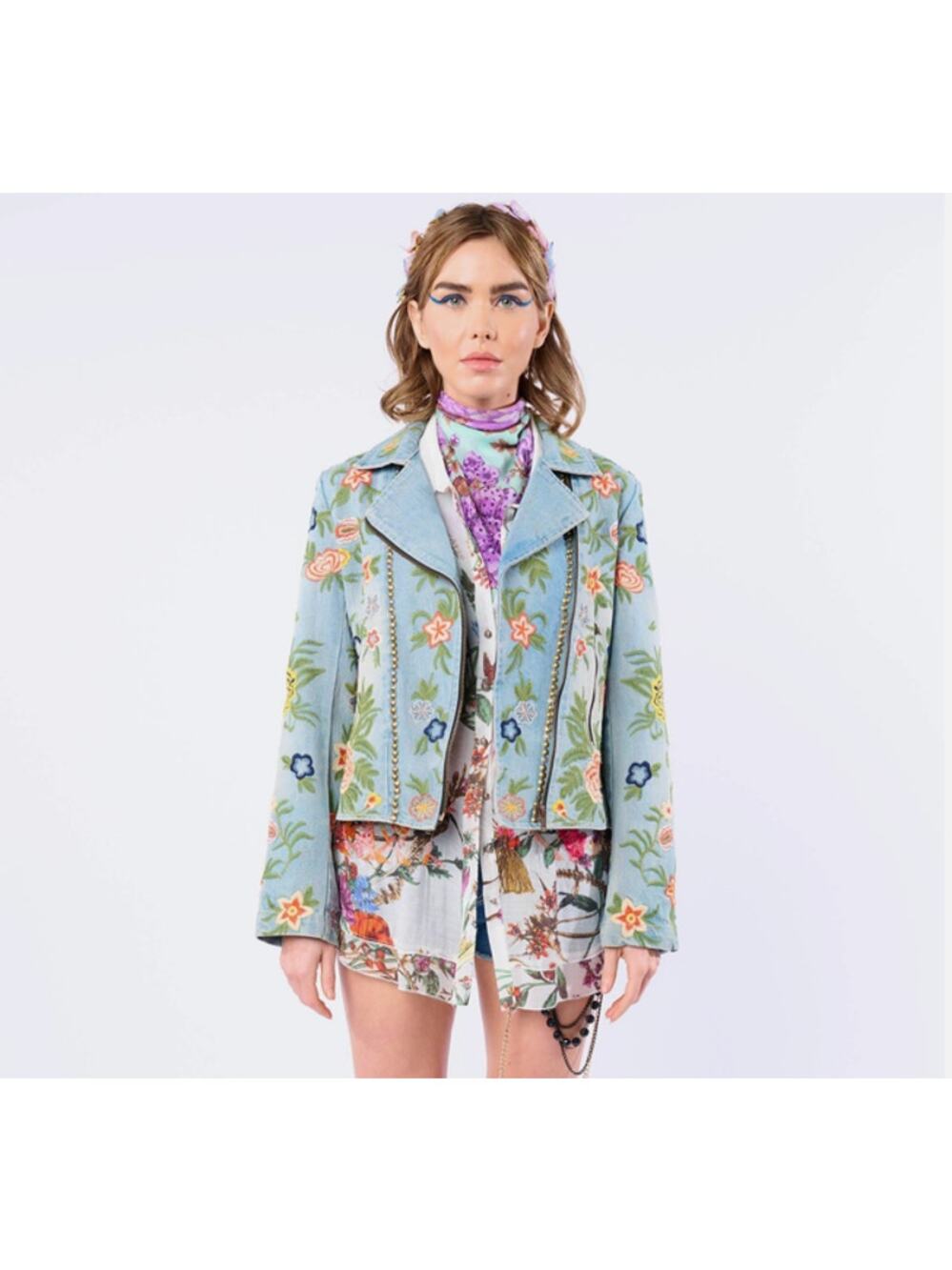 Aratta Bohemian Floral Denim Jacket with Studded Trim & Embroidery Sz L NWT